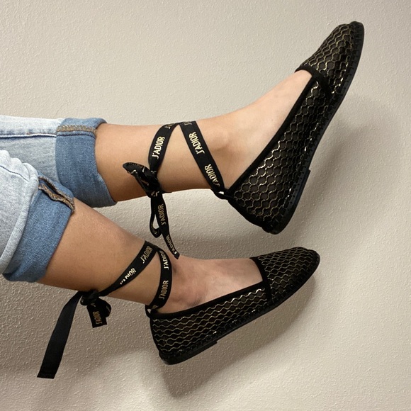 NIB DIOR Black/Gold Mesh Ballet Flats Shoes 7.5 - Picture 3 of 3